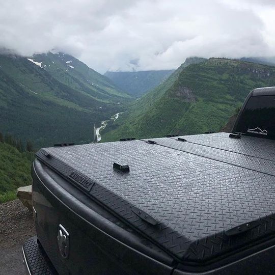black Diamondback tonneau cover in front of scenic view